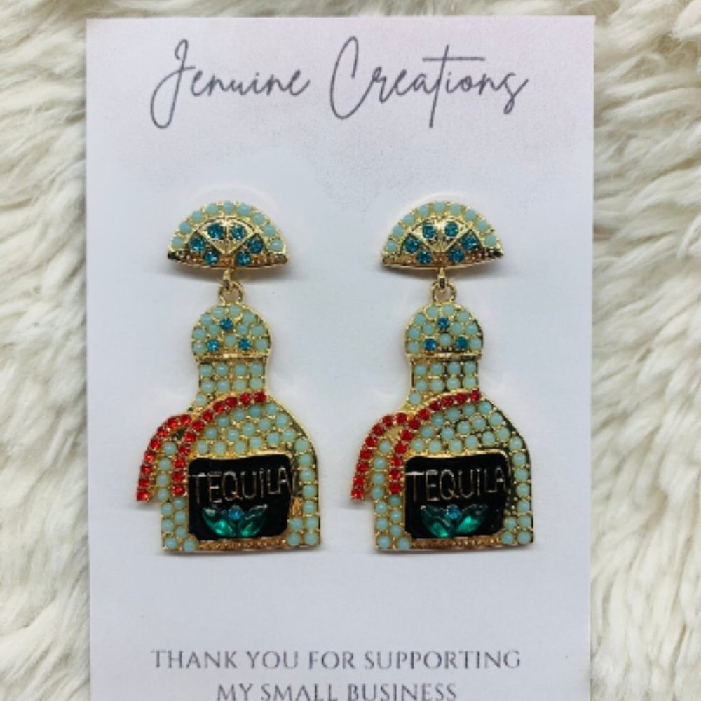 Light Blue Tequila Bottle Earrings, NYE Earrings, Party Earrings, Girls Night